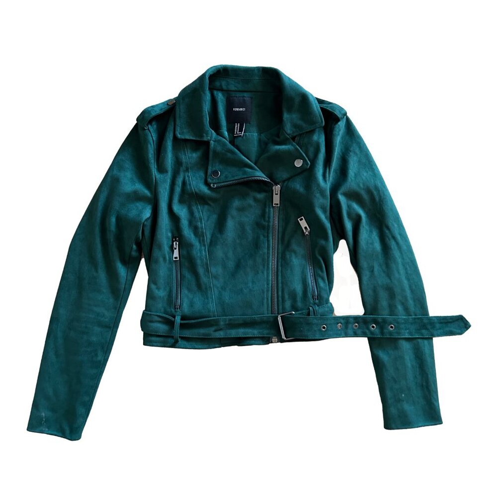 Green Suede Cropped Biker Jacket